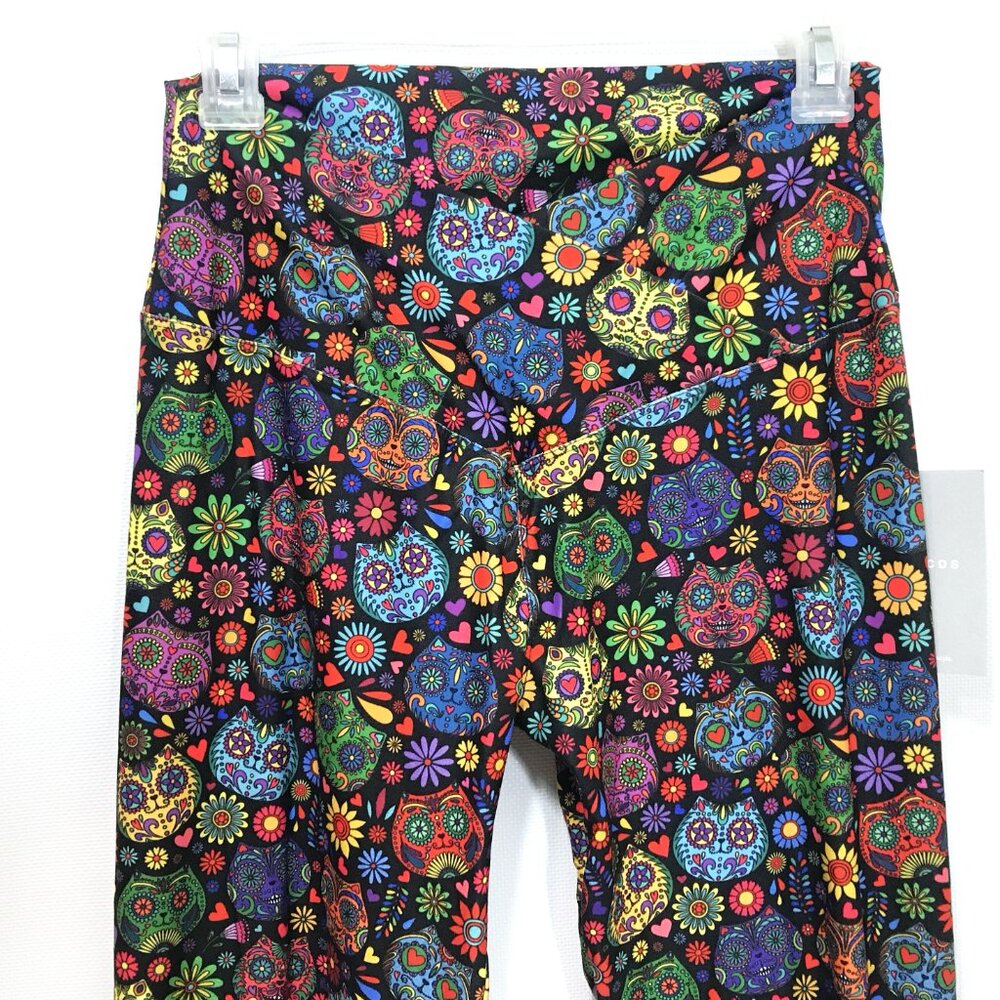 Sugar Skull Cat Print Leggings Women XL
